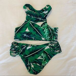 Palm print high neck bikini set